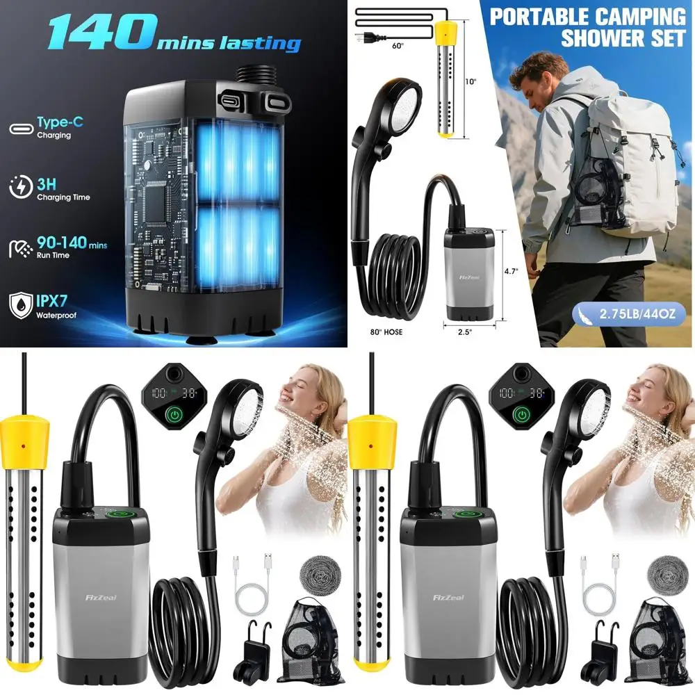 

Портативный электрический душ 2000 Вт, 4 режима, 140 минут работы, LED-дисплей, идеально подходит для использования на природе, кемпинга, путешествий, в автомобиле, для мытья домашних животных