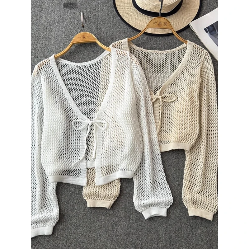 Fashion Hollow-cut Lace-up Cardigan High-quality Summer Thin Top Coat For Women Casual Simple 2024 New V-Neck Sunscreen Shirt