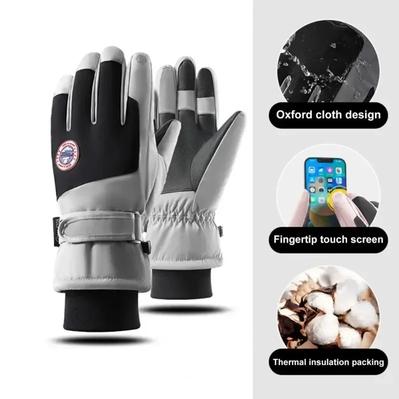 1 Pair Ski Gloves With Adjustable Fastener Tape Water-Resistant Windproof Thick Winter Warm Touch Screen Gloves