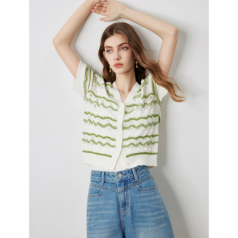 TOYOUTH Women knitwear Tops 2024 Summer New Wave Striped Linen Single Breasted Button Short Sleeve V-neck Short Cardigan