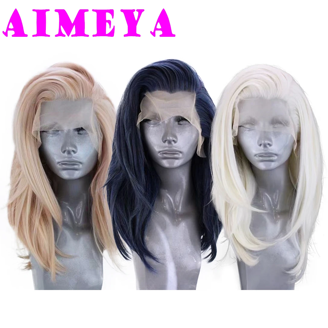 AIMEYA Dark Blue Wig Natural Straight Wigs Natural Looking Synthetic Heat Friendly Fiber Wig for Women Daily Party Cosplay Wigs