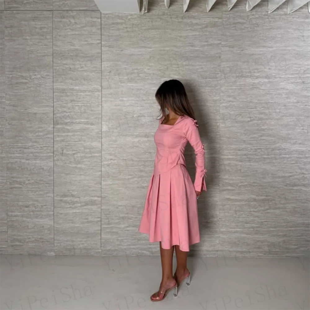 تخصيص الوردي ألف خط فساتين لحضور الحفلات الموسيقية طول الركبة ساحة طوق كم كامل ثوب مسائي بسيط ثنيات موضة القوس ثوب الحزب #2