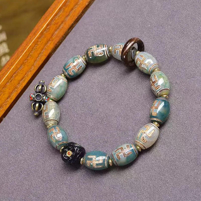 

Старый агат Дзи, один круг, кокосовое беговое кольцо, белый аксессуар, браслет из бисера Будды