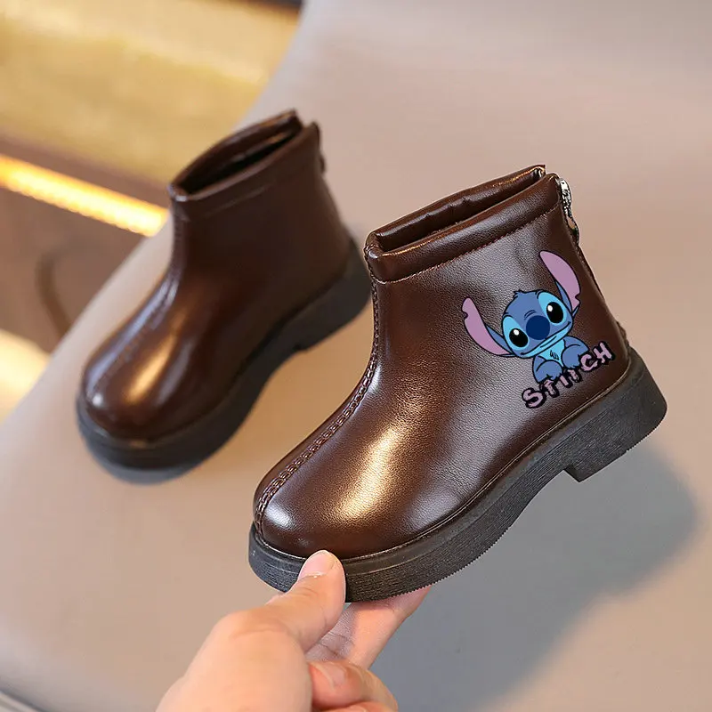 Stitch Children Winter Boots  Kids Plus Plush Ankle Boots Boy Girls Warm Boots Cartoon Print Non-slip Leather Flat Shoes