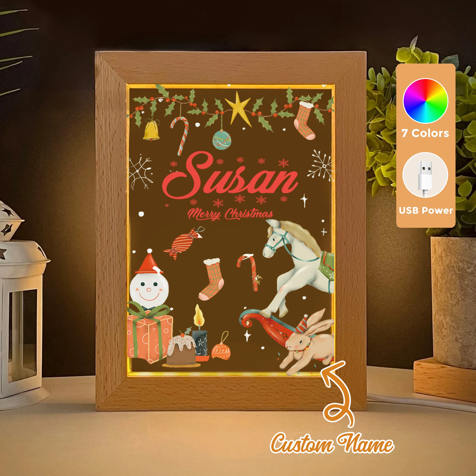 

Custom Name Rabbit Sled LED Acrylic Night Light Wood Photo Frame 21x17cm Christmas Cartoon Children Bedroom Gifts Home Decor