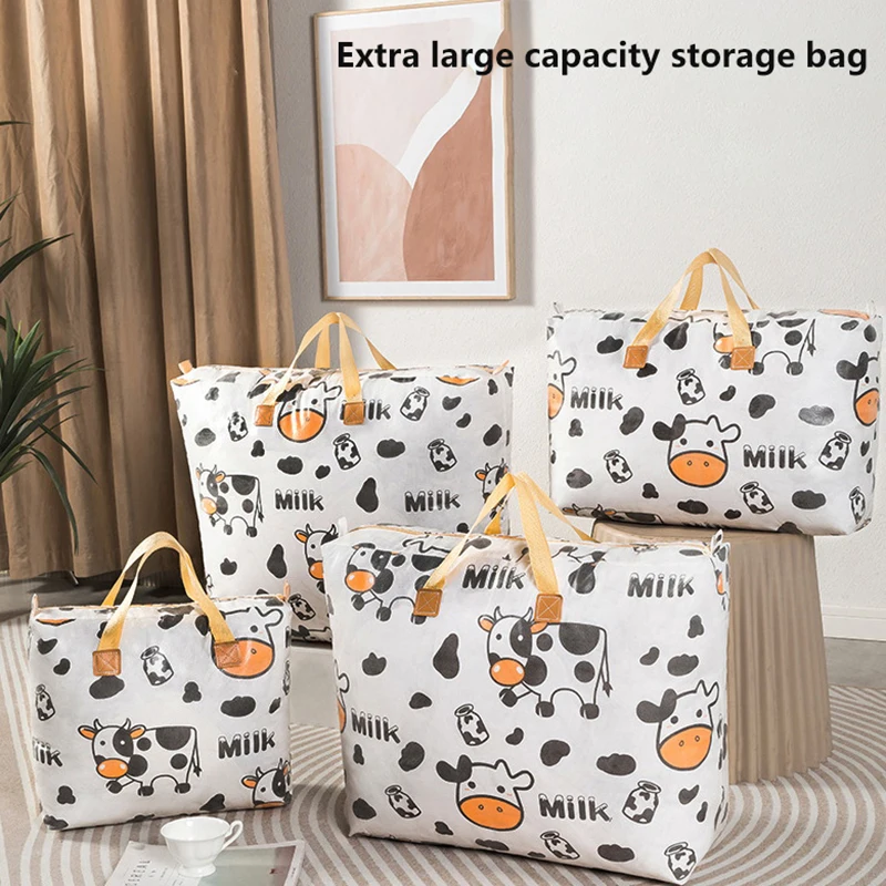 1pc Print Zipper Quilt Storage Bag Zipper Large Capacity Packing Bag Double Handle Moisture-proof Clothes Quilt Storage Bag