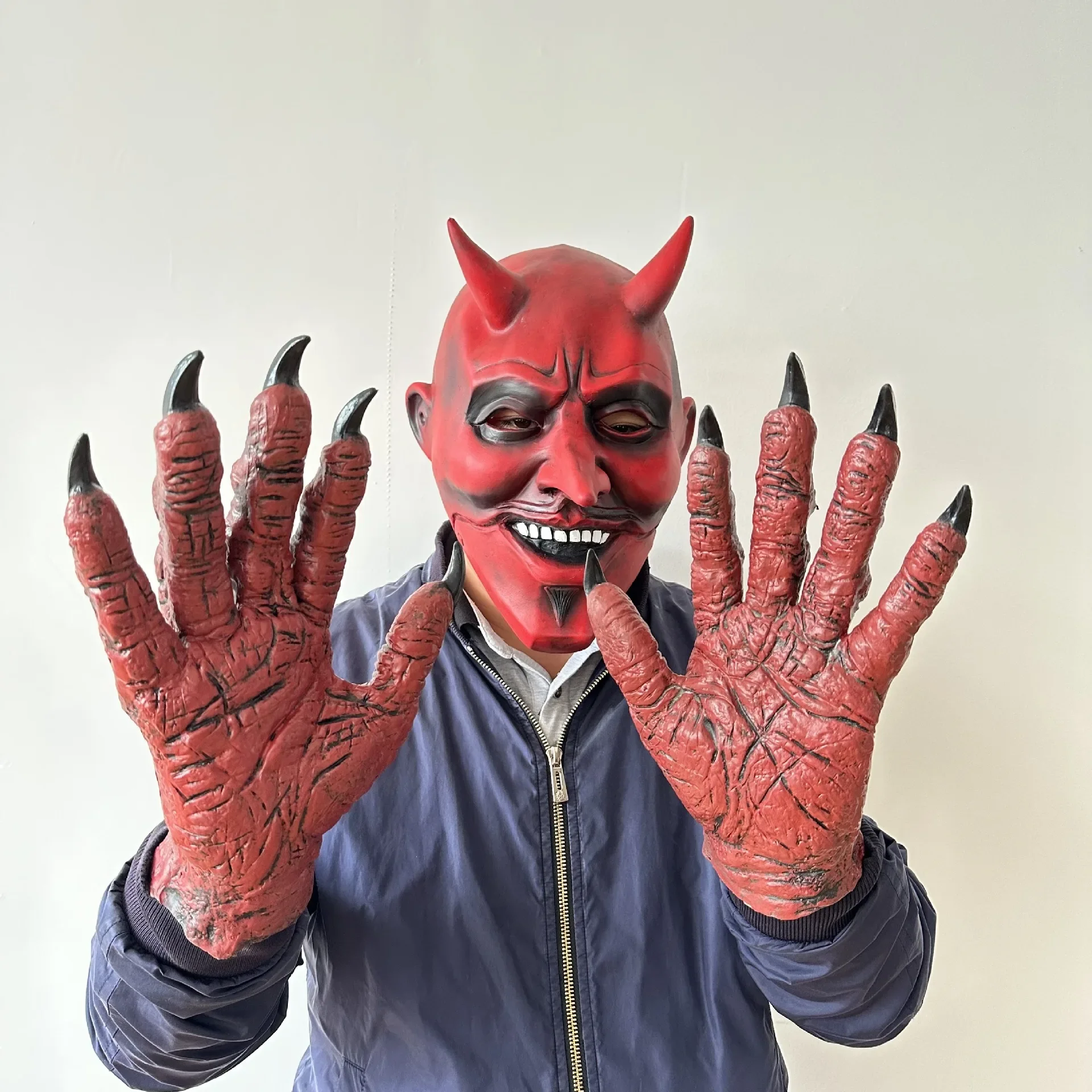 

Horror Monster Latex Full Face Masks Scary Ghost Headgear Cosplay Red Demon King Devil Mask With Red Gloves Halloween Party Prop