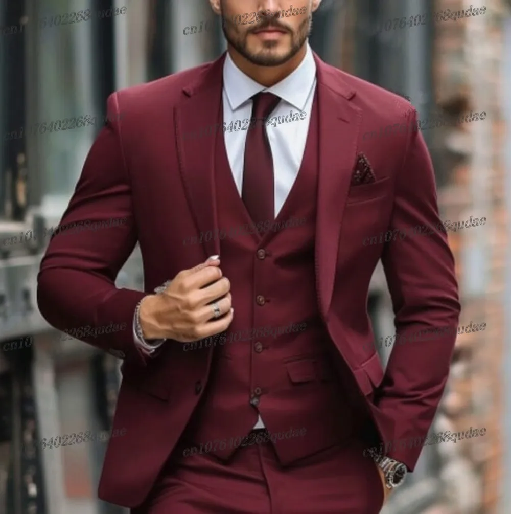 Burgundy Formal Men Suit Wedding Party Groom Suits Groomsman Male Tuxedos Bridegroom Costume 3 Piece Set Jacket Vest Pant