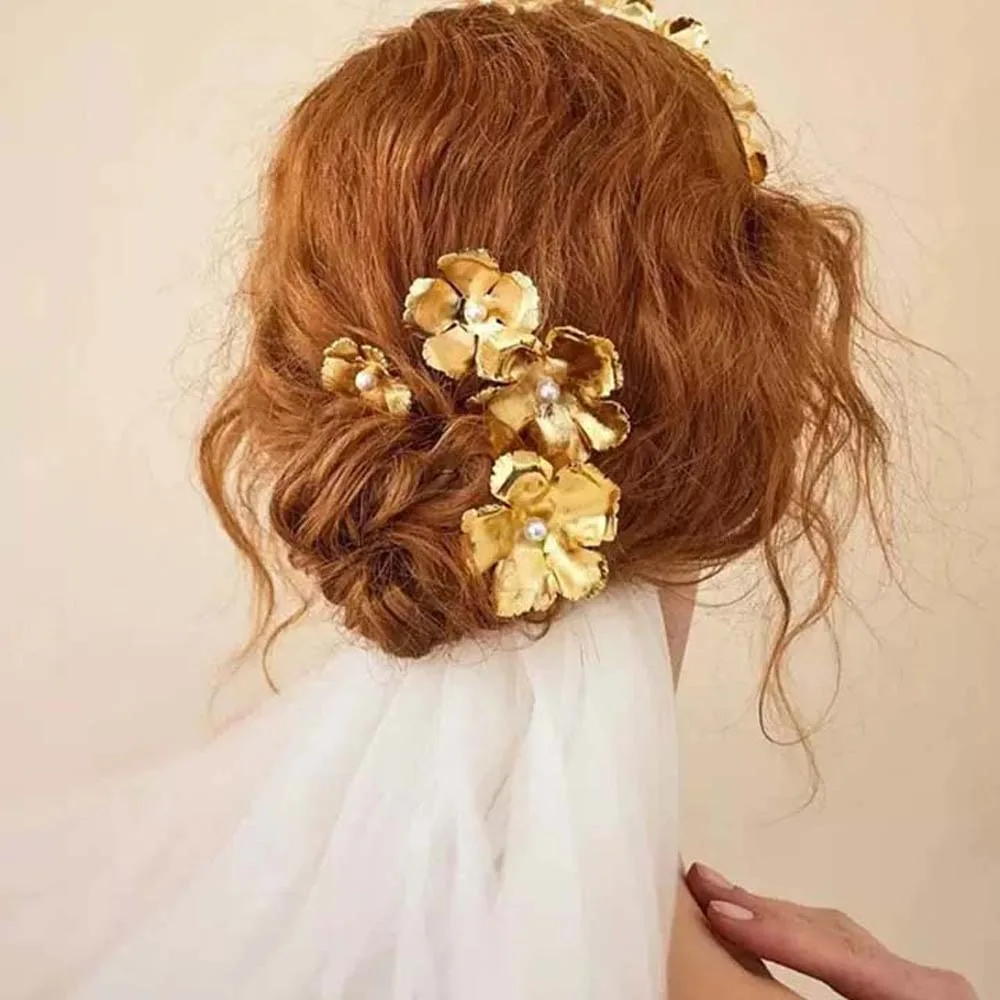 

5pcs Elegant Golden Flower Hair Forks Hairstyle Tools French Style Pearl Side Clips Hair Accessories Retro Wave Alloy Barrettes