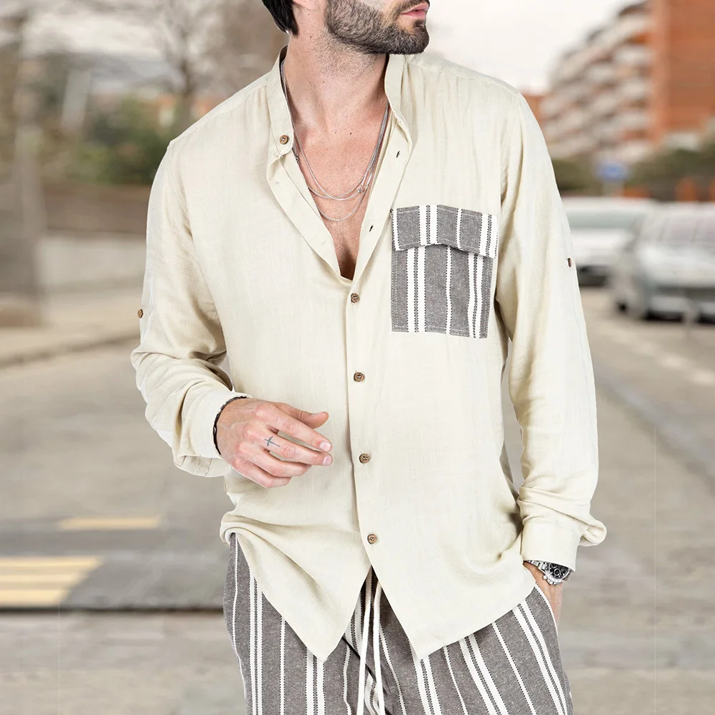 Casual Occasions L M Mens Casual Shirt Fashionable Men's Top Clothing Long Sleeve Shirt Slight Stretch Beige Color