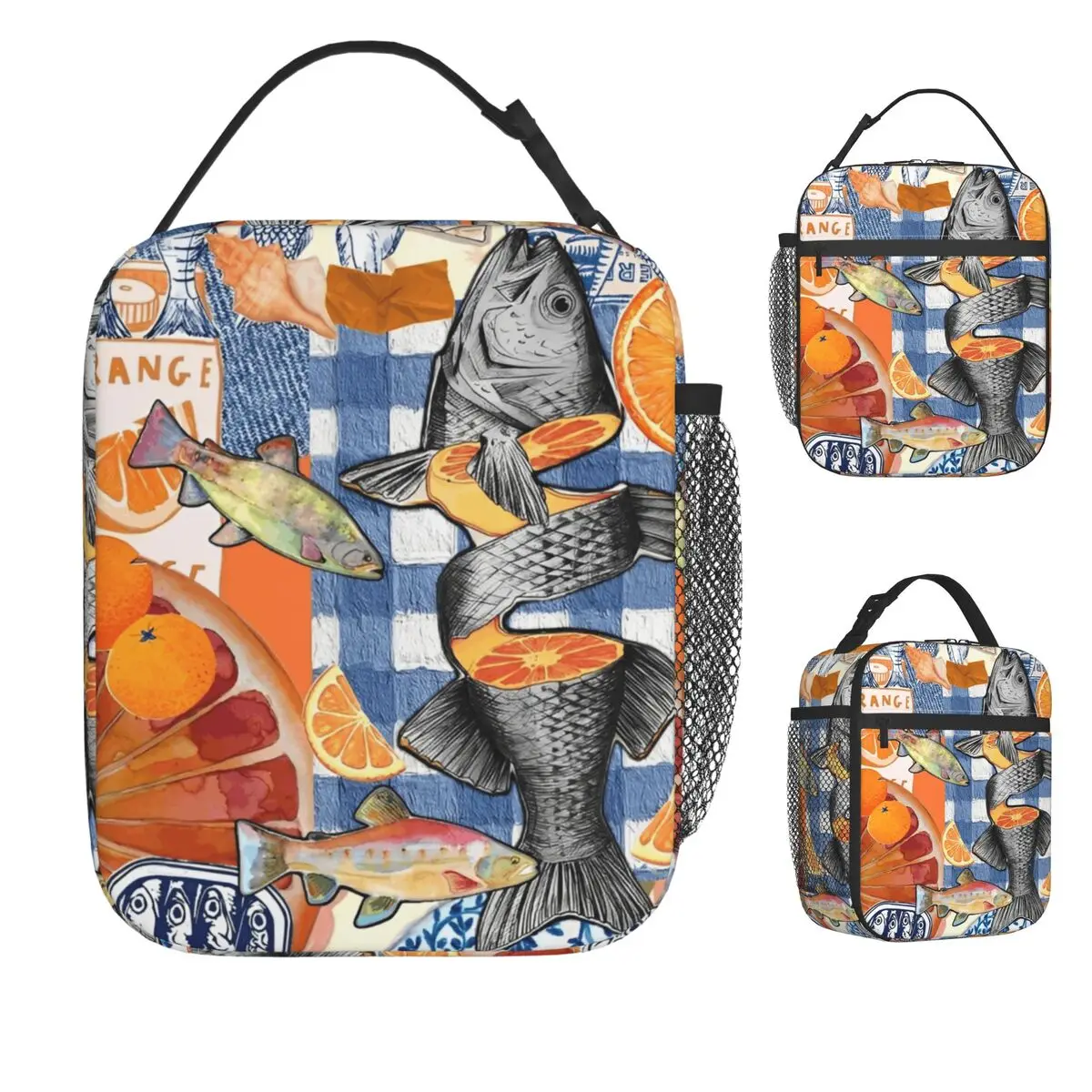 Retro Sardine Pattern Lunch Bag Portable Lunch Box Outdoor Picnic Print Cooler Bag Funny Waterproof Thermal Tote Handbags