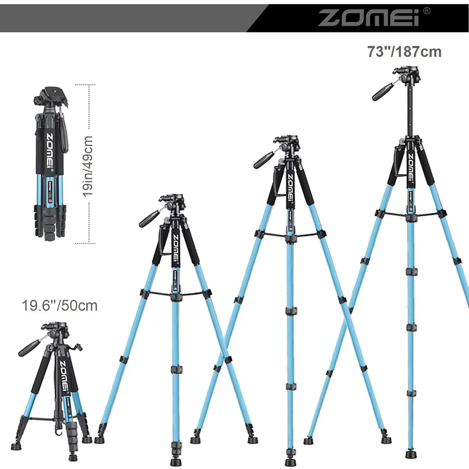 187cm/73.6in 360° Rotate Phone Photography Stand Zomei Heavy Duty  Tripod for Professional Camera Tripod for Horizontal Shooting