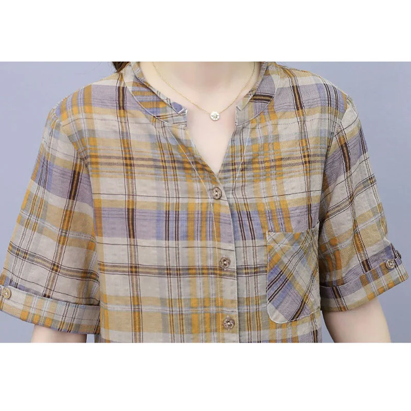 New 2022 Summer Causal Suits Fashion Cotton and linen plaid Short Sleeve Top + High Pants Loose Two Piece Sets Women Outfits