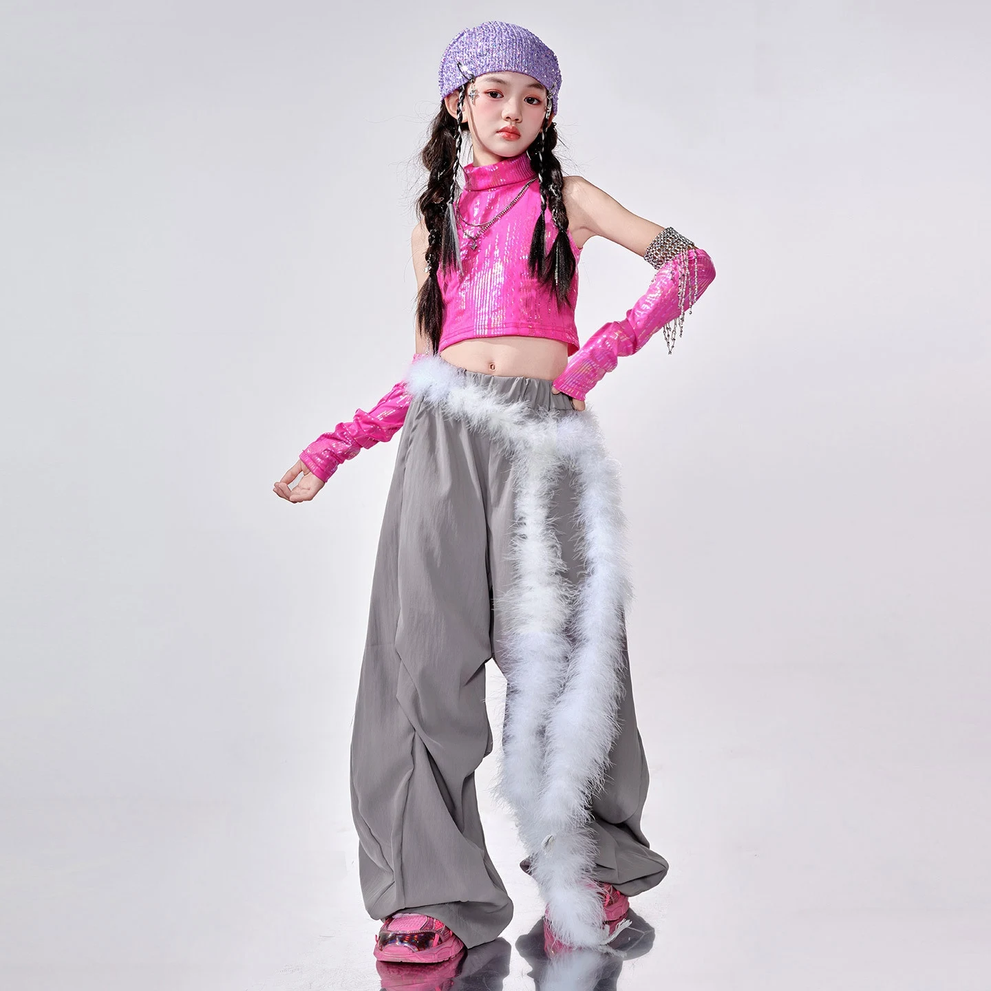 2025 Children Hip Hop Dance Costumes For Girls Rose Red Crop Top Loose Pants Streetwear Kids Jazz Performance Clothes DQS20541