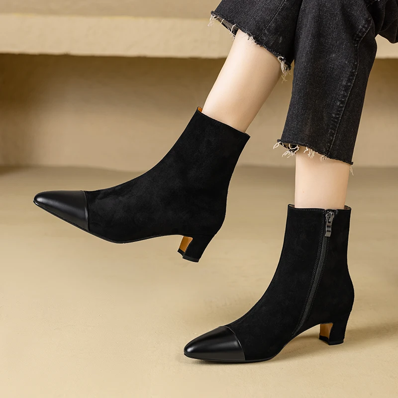 

Новинка 2023 года, осенние женские ботинки, детская замшевая женская обувь с острым носком, современные ботинки до середины икры на среднем каблуке, ботинки челси
