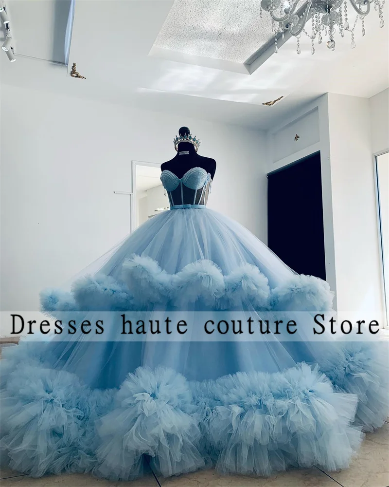 Sky Blue Tulle Princess Quinceanera Dress 2025 Sweetheart Beaded Ruffles Sweet 16 Dress Birthday Party Dress Lace up Customized