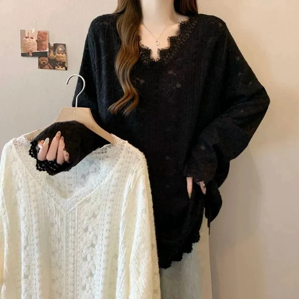 

Plus Size 5XL 150kg Autumn Lace T Shirt for Women V Neck Long Sleeve Solid Tshirt Female Large Size Loose Tops Tees