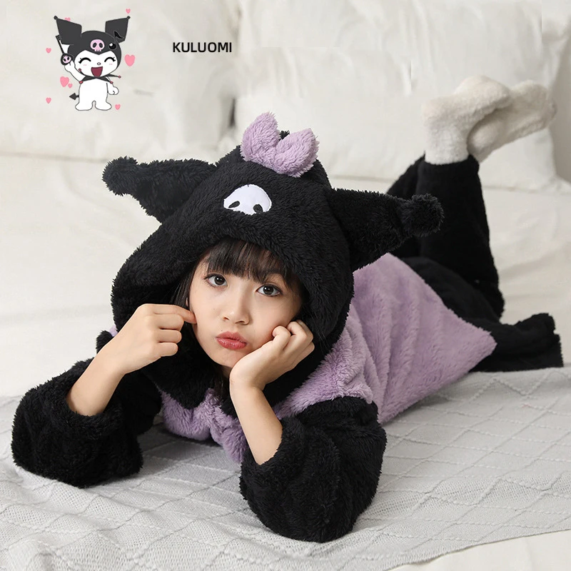 Kuromi Sanrios Pajamas Girl Kawaii Cartoon Autumn Winter Flannel Thicken Child Nightgown Coral Fleece Bathrobe Lounge Clothes