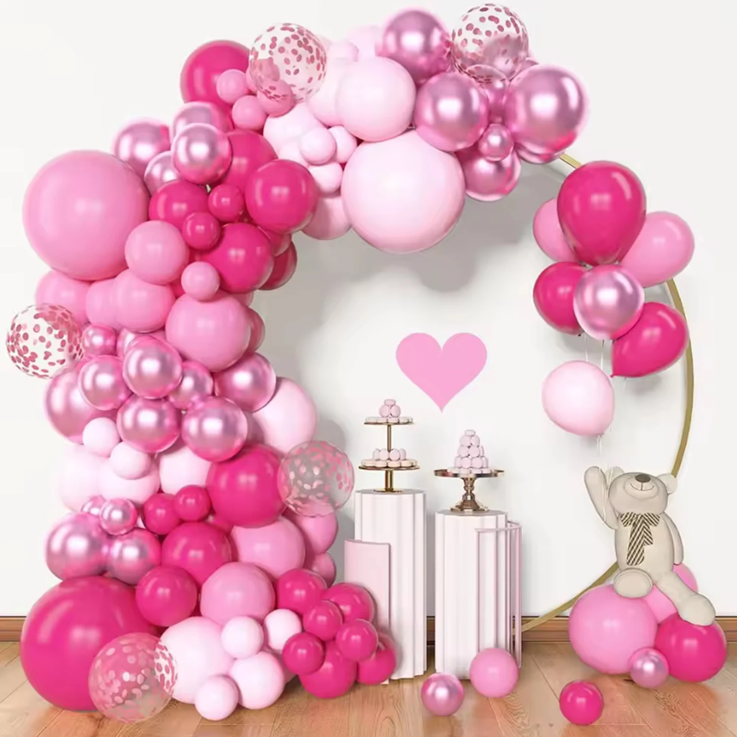Conjunto de arco de guirlanda de balão rosa, 153 peças, tamanhos diferentes 18 12 10 5 polegadas, confete de metal de látex rosa, balão rosa, príncipes de aniversário