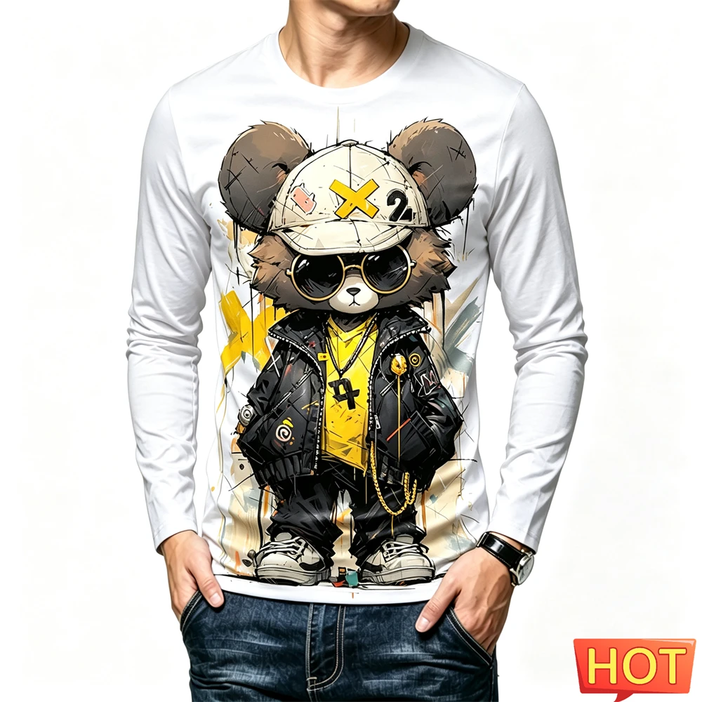 Cartoon Little Bear Print T Shirt For Men Simple Versatile Spring and Autumn Long Sleeve T-shirt Fashion Casual O-neck Loose Top