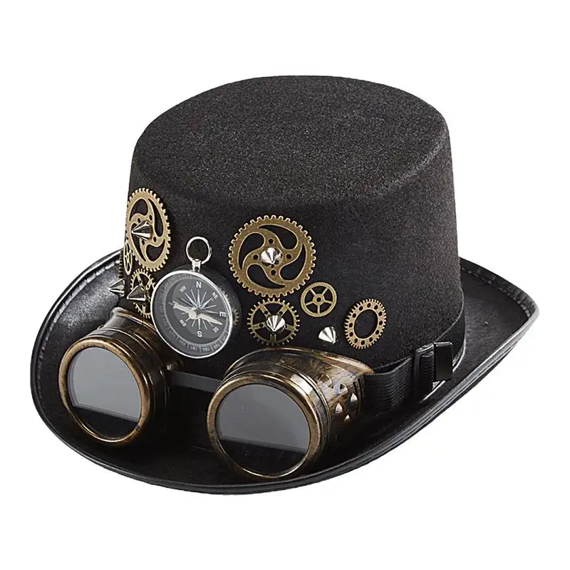 Steampunk Top Hat Wool Felt Victorian Hat with Goggles Unisex Costume Top Gothic Hippies Cosplay Props