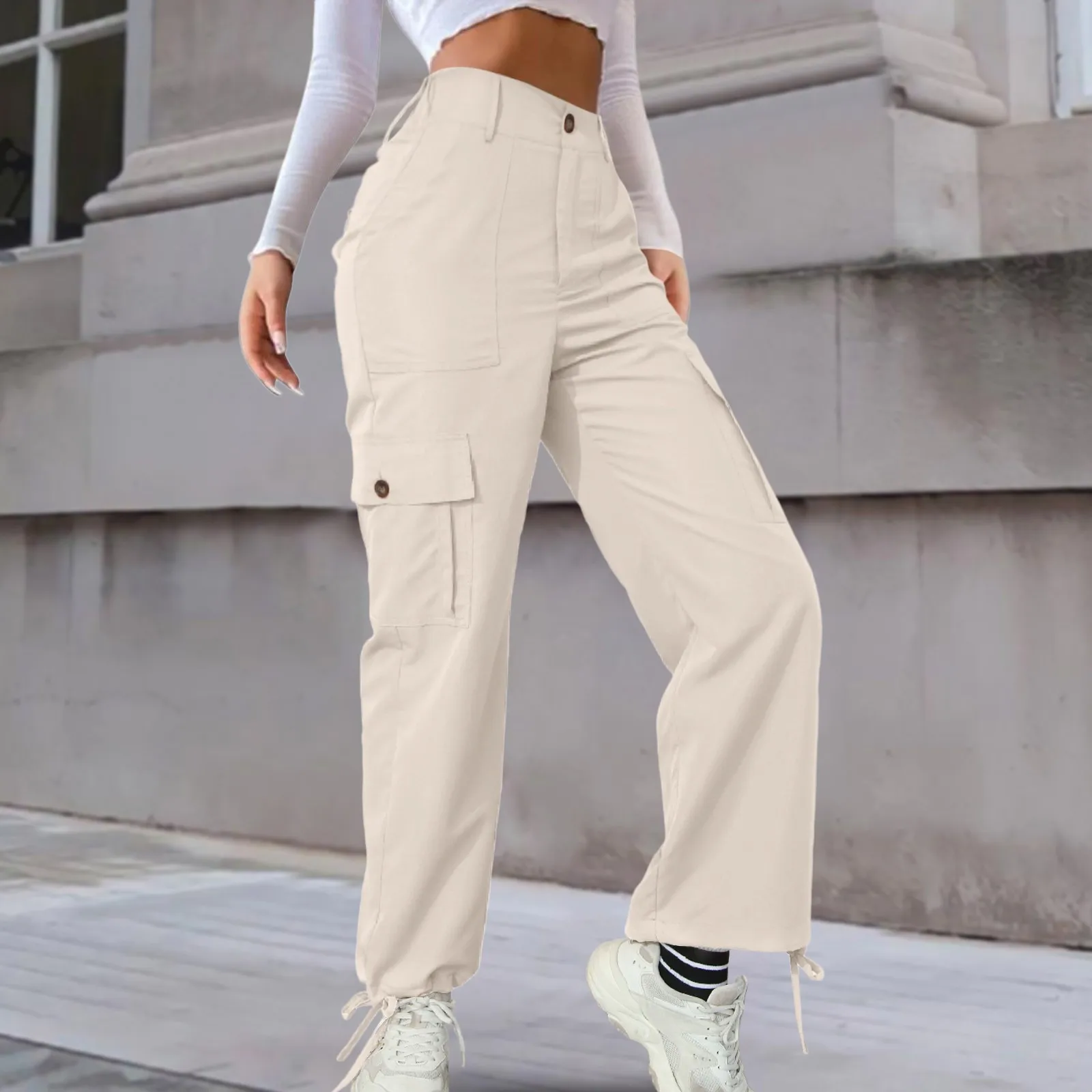 

Wide Leg Trousers Solid Color Streetwear Fashion Cargo Pants Women Solid Casual Patch Pocket High Waist Straight Pants