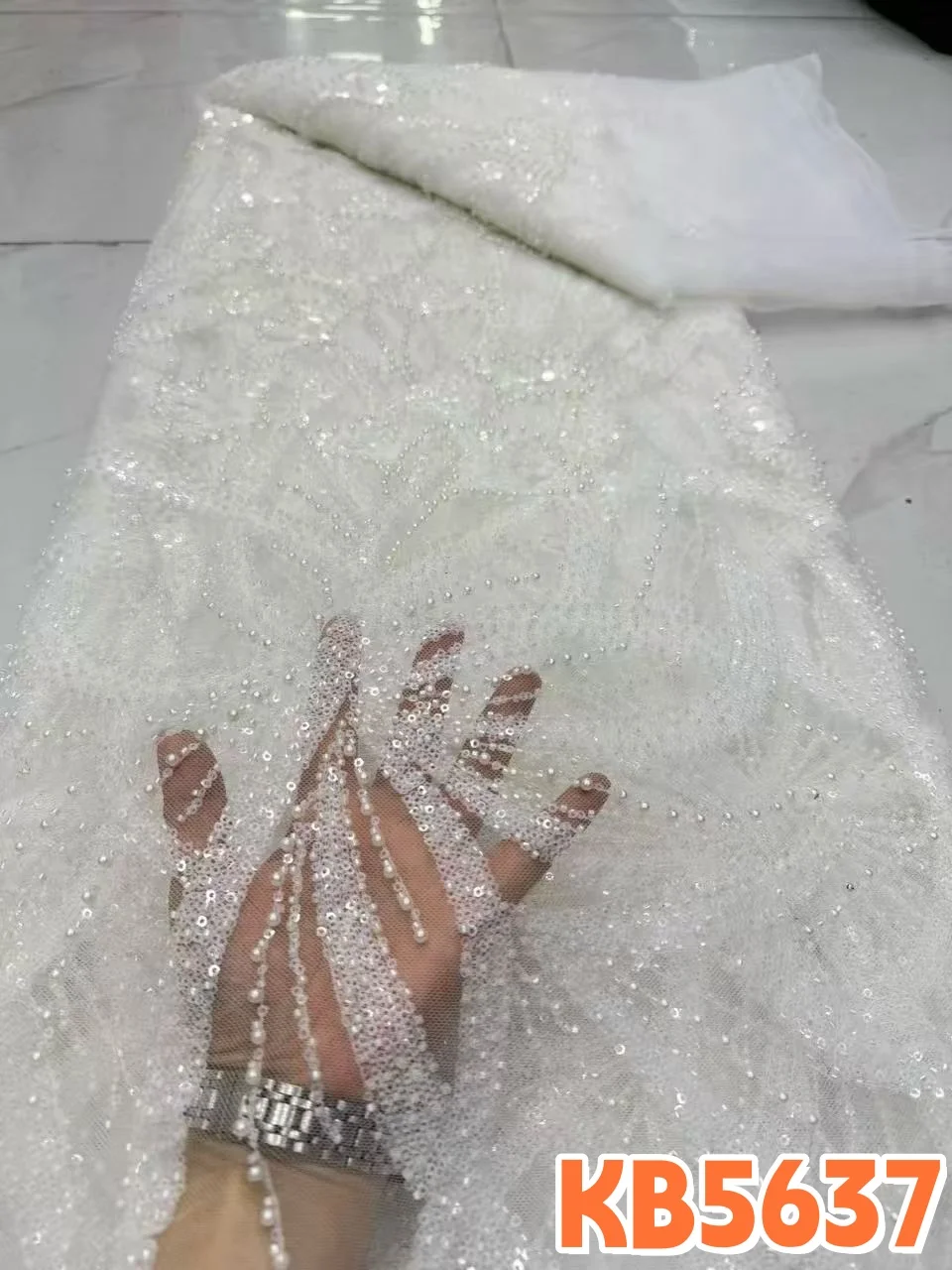 

DREAMYALISI White Sequins Tulle Lace Fabric Beaded Embroidery High Quality Nigerian Beaded Sequence Fabric for Sewing KB5637