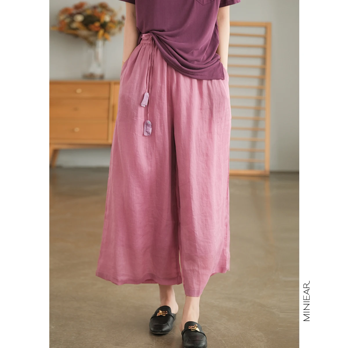 

XiaoErProductions Lotus Breeze 00pcs Fine Flax Wide Leg Pants Women's Elastic Waist Casual Pants with Belt l Waist
