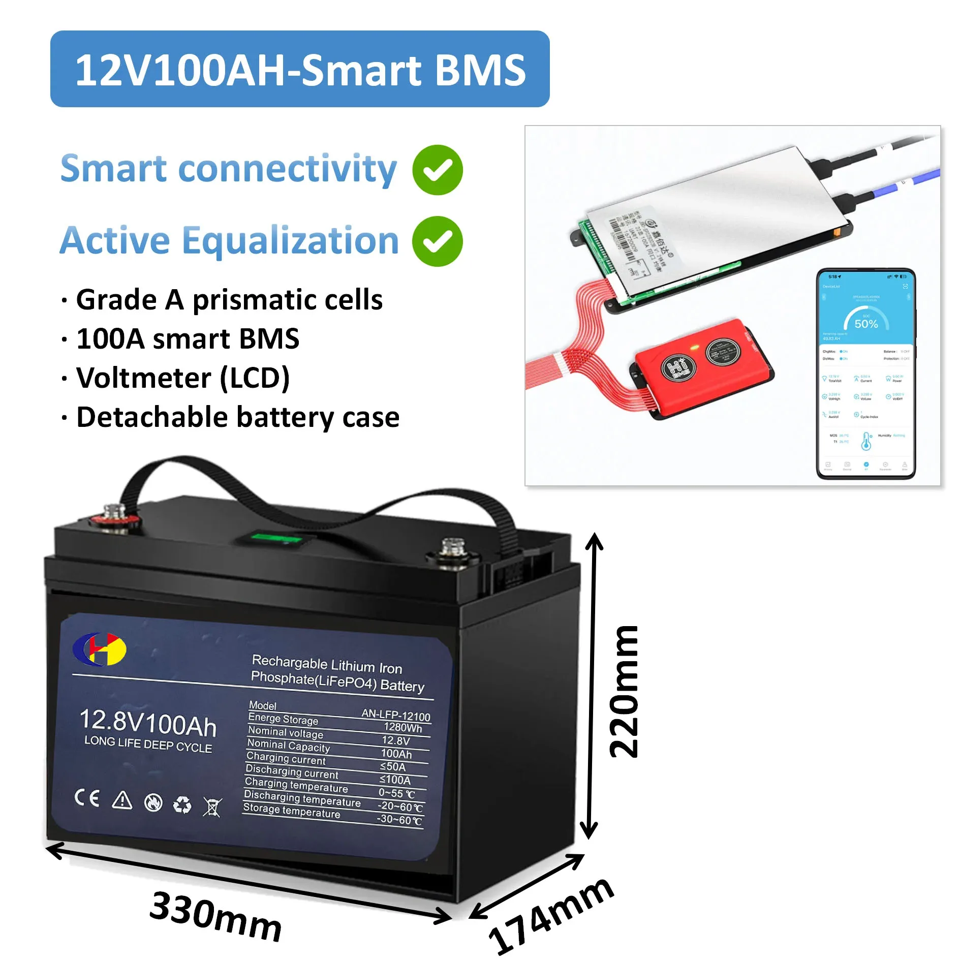 Lifepo4 Lithium Battery 100Ah 200Ah 12V 24V with Smart BMS for