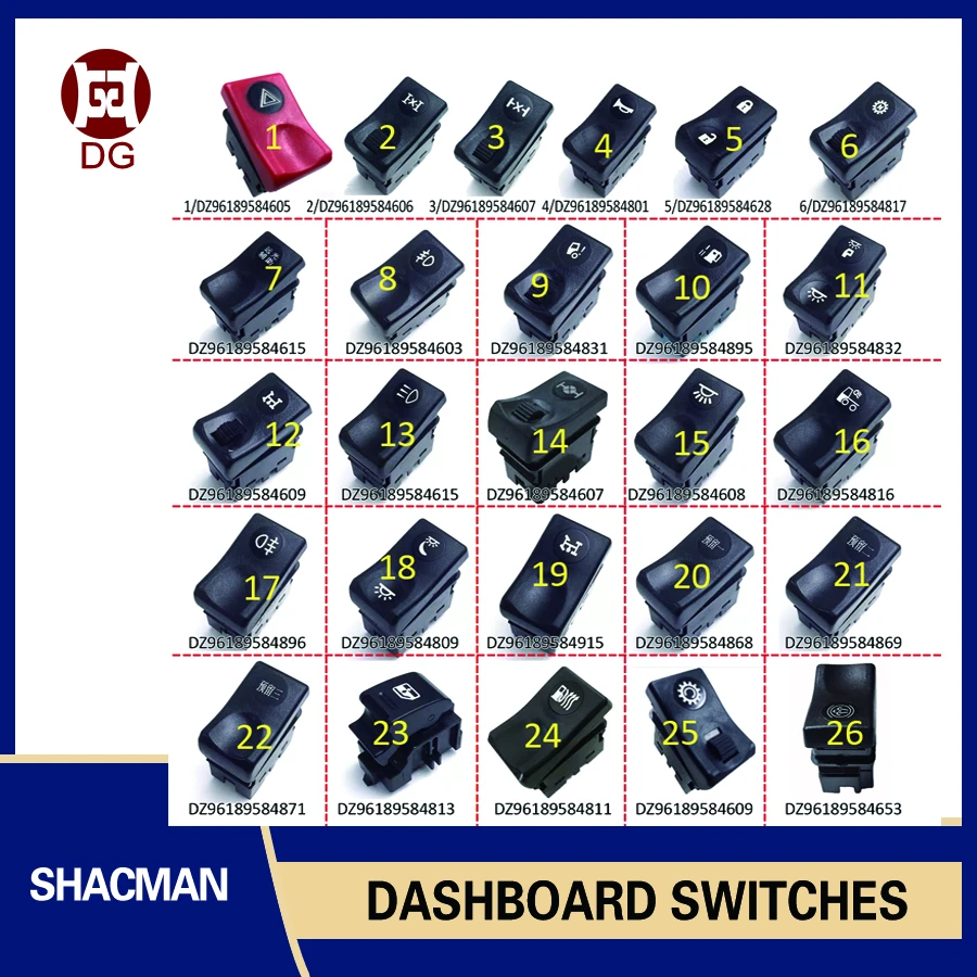 Shacman Delong New M3000 Dashboard Switches: Fog Lights, Horn, Rearview Lights, Alarm, Dome Lights, Reserved Flip-up Switches