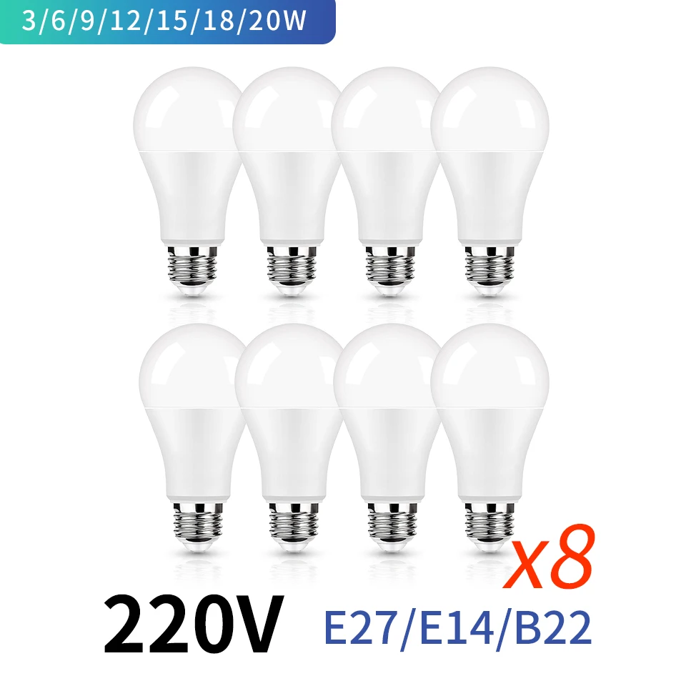 Bombilla LED IC inteligente, lámpara de luz blanca fría, E27, E14, 3W, 5W, 7W, 9W, 12W, 15W, 18W, lote de 8 unidades