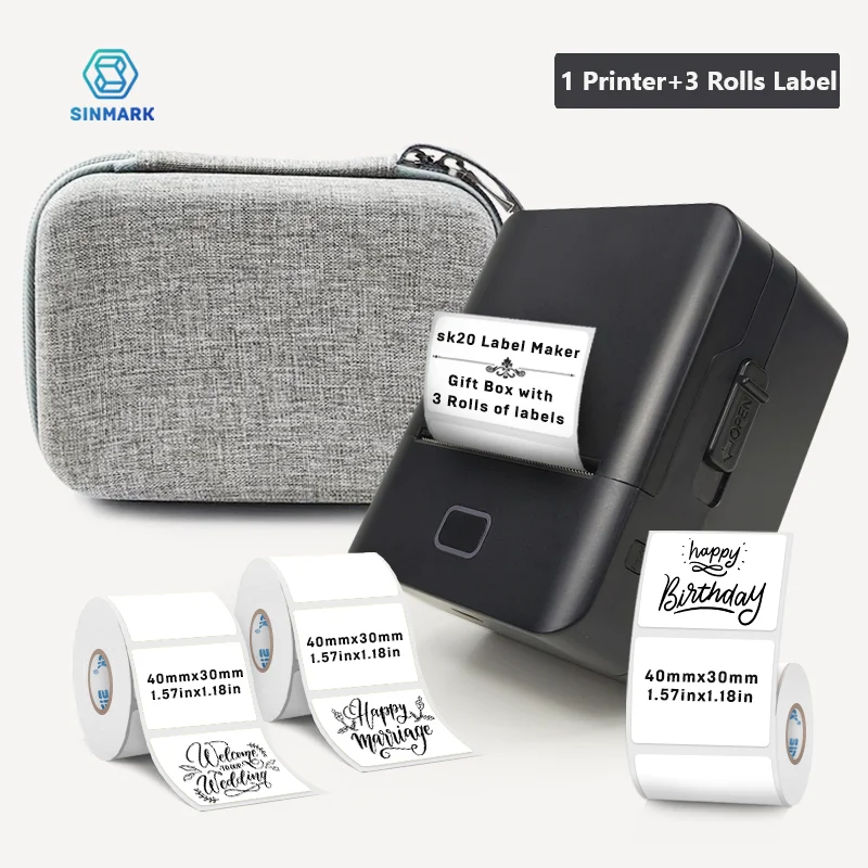 SINMARK Portable Thermal Printer With 3 Rolls Labels Self-adhesive Label Printer Mini Sticker Marker Pocket Photo Printer