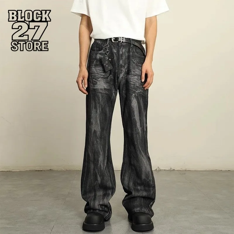 Harajuku American Retro Washed Black Denim Jeans Men Vintage Heavy Streetwear Flared Wide Leg Pants Loose Fit Casual Trousers