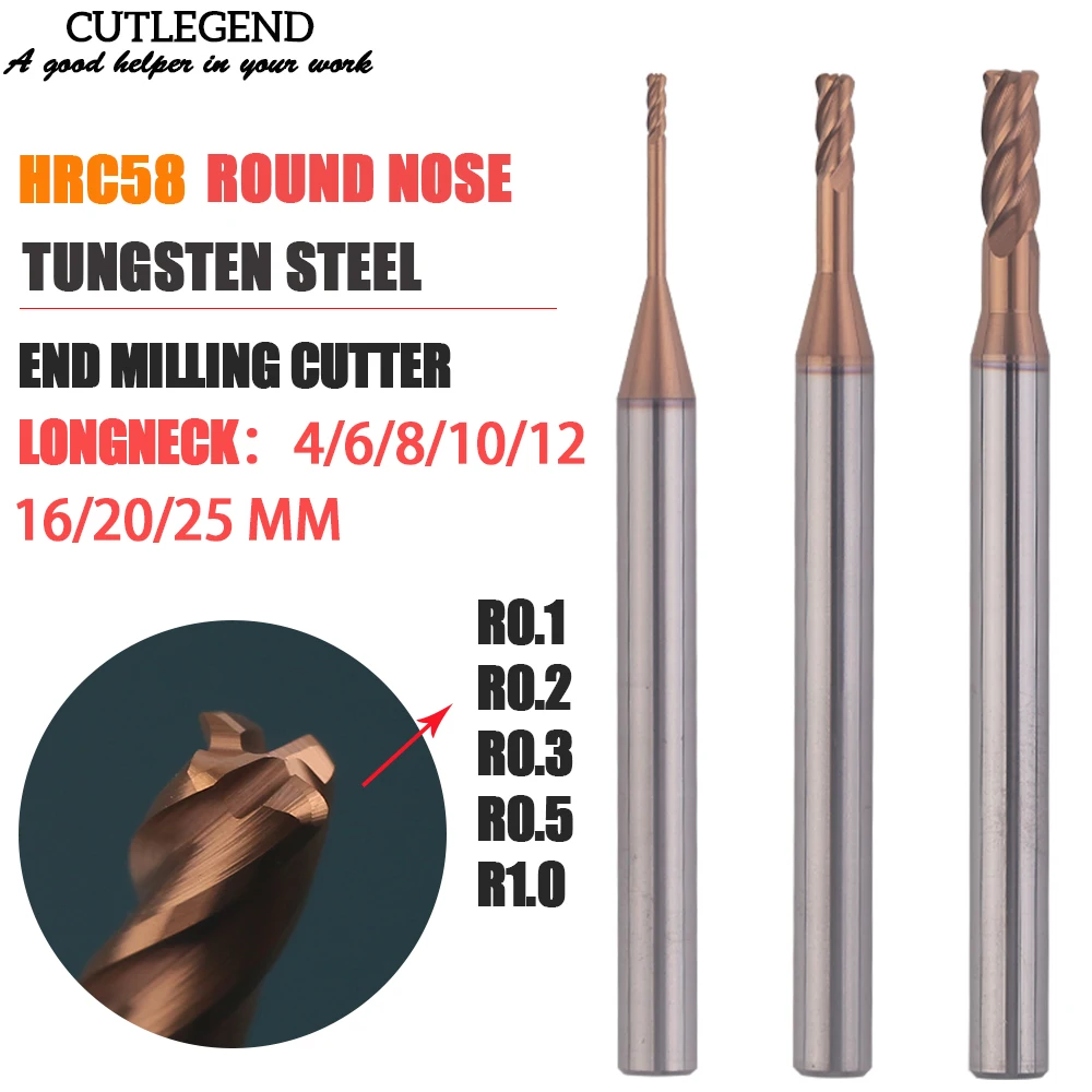 Longo Pescoço Canto Raio Final Moinho Cnc r Bullnose Cortador Carboneto de Tungstênio Aço Metal Router mm 1.5 mm mm mm R0.1 R0.2 R0.3 R0.5