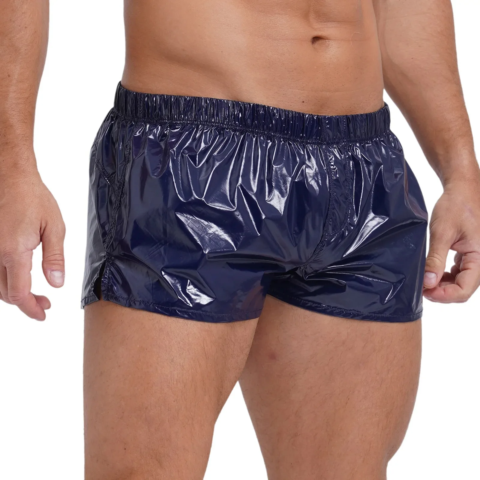 Herren einfarbig Slim Fit glänzende Badehose Shorts niedrige Seiten Schlitz Shorts Urlaub Strand Pool Party Nachtclub Kostüme