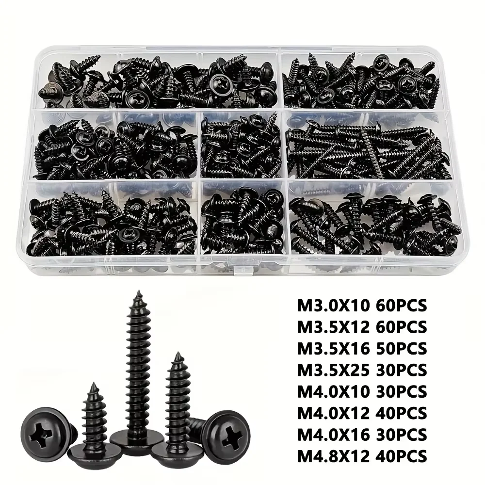 340pcs Self-Tapping Screw Set - M3/M4/M3.5/M5 Sizes, Pan Head Phillips Drive, Black Carbon Steel for Wood Furniture image 3