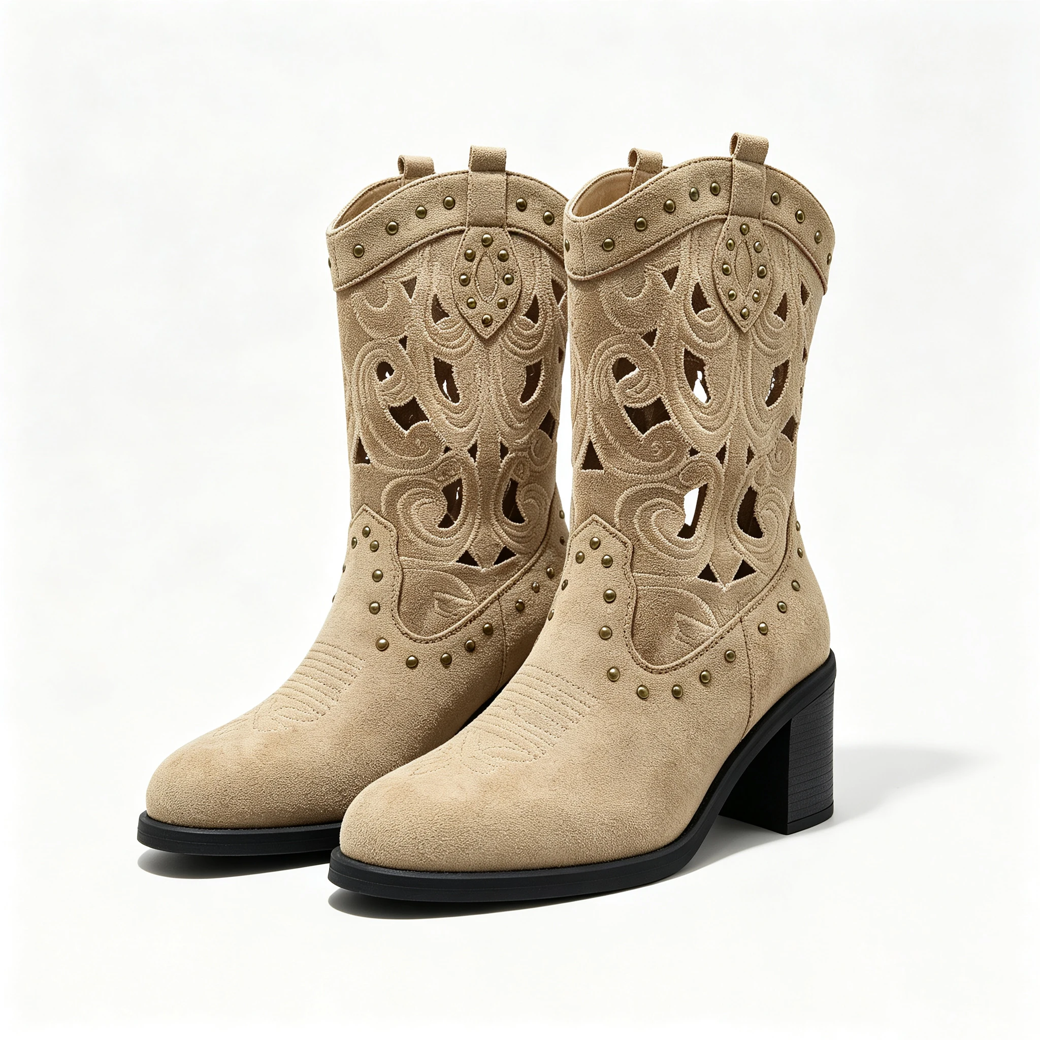 Women's Y2K Western Cowboy Boots Cutout Embroidery Suede Ankle Boots Rivet Decor Chunky Block Heel Streetwear Fashion Shoes