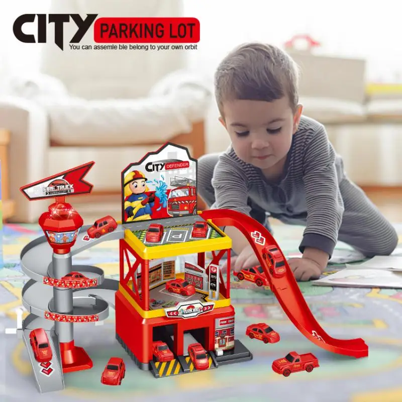 Children's Engineering Rail Car Inertia Vehicle Toy DIY Assembled Track City Parking Lot with 3 Piece Alloy Race Car Boys Toys