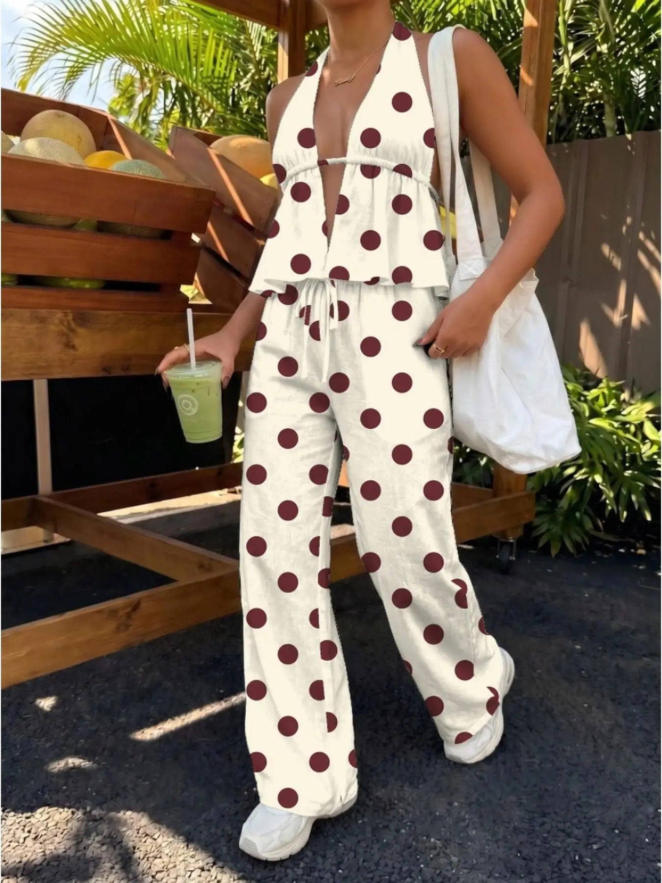 Vintage Large Dot Halter Top with Frill & Drawstring Wide Leg Pants Set Y2K Boho Style Open Back Peplum Ruffle Hem Elastic High