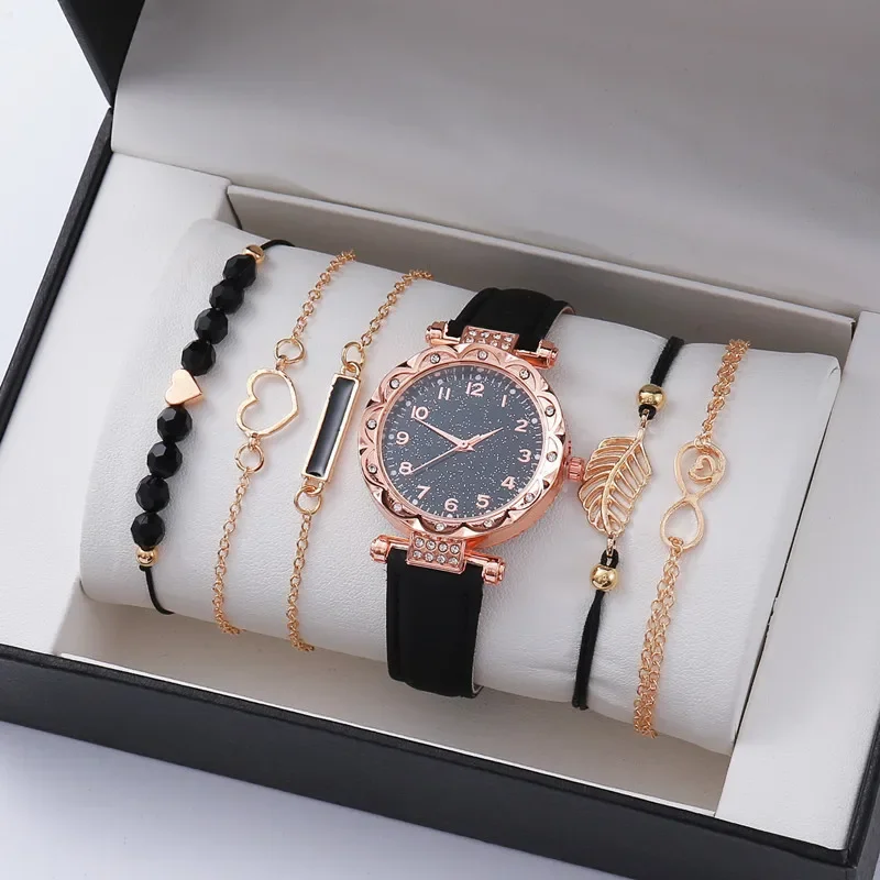 

6Pcs/Set Women's Watch Cute Heart Quartz Wristwatch Shiny Rhinestone Ladies Wrist Watch & Bracelets, Gift for Mom Her No Box