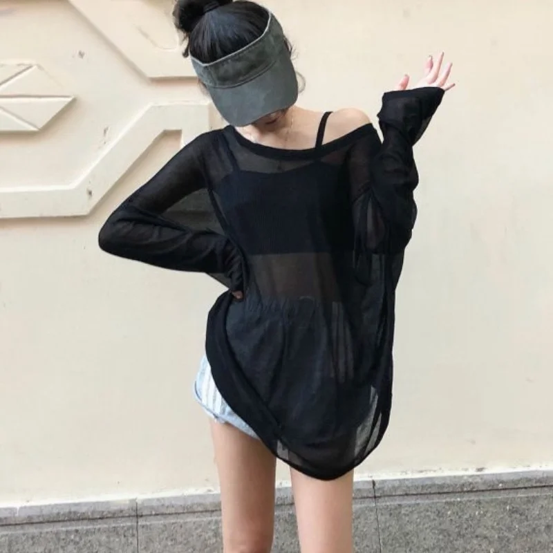 T-shirts Women Fashion Transparent Summer Beach Style Sun Protection Hot Sale 2024 Loose Leisure Tops Streetwear Sporty Simple