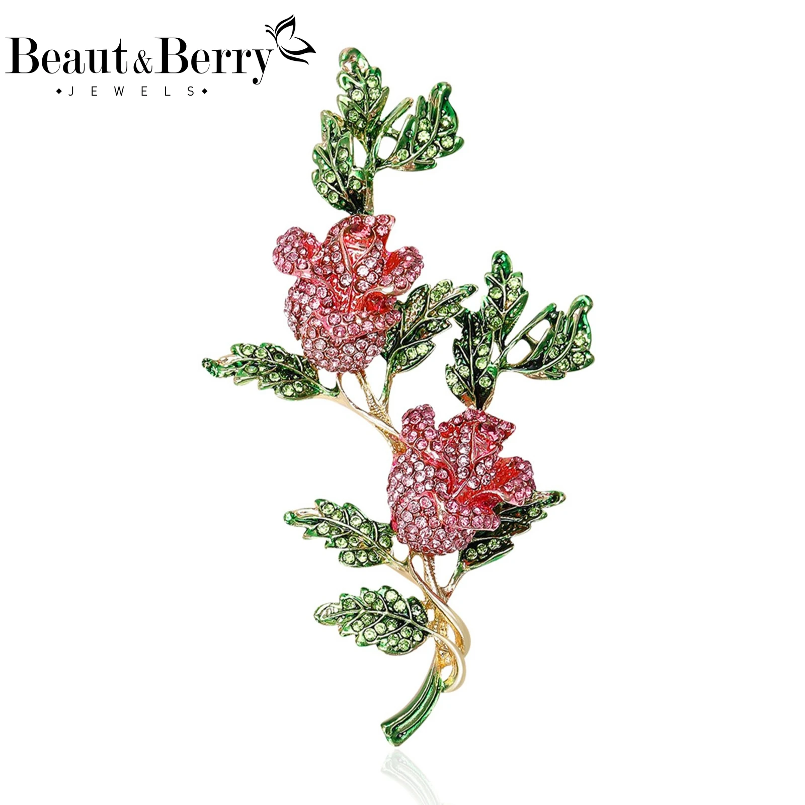 Beaut&Berry Trendy Rhinestones Roses Brooches for Women Unisex Flower Pins Casual Party Jewelry Accessories Gifts Decoration