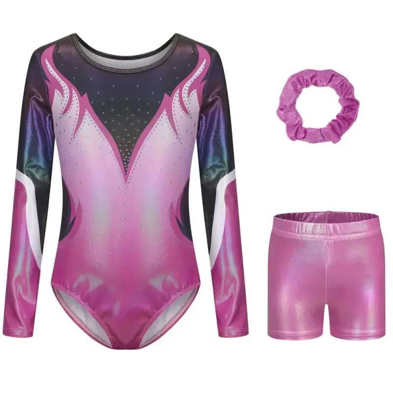 Kids Girls Gymnastics Sport Dance Leotard Set Jumpsuit Fancy Print Tops Shorts Dancewear