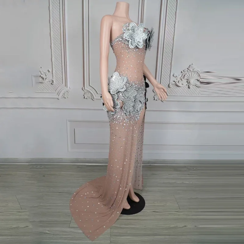Strass robe de soirée fleur gala tenues d'anniversaire femmes chanteur scène défilé Festival tenue Performance tenue de fête