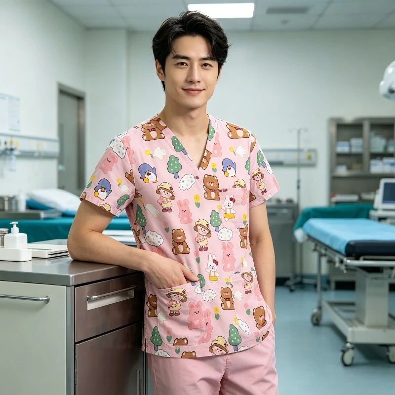 Printed V-neck Short Sleeved Nursing Gown, Unisex, Suitable for Medical Staff During Surgery and Daily Work of Caregivers