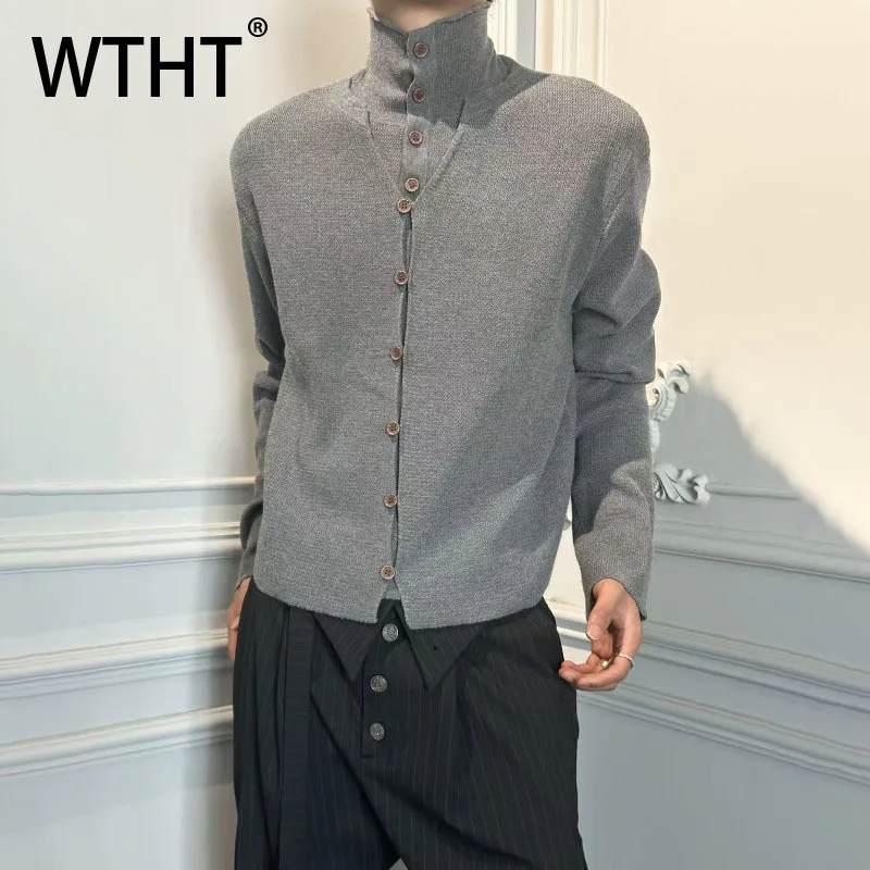 

WTHT модный мужской однотонный свитер из двух частей, модный свитер с воротником-стойкой и длинными рукавами, мужские топы, осень 2023, 2A1897