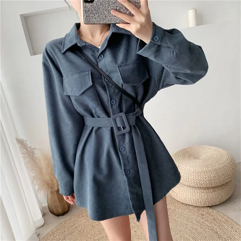 

Spring Autumn Fashion Design Corduroy Shirt Single Breasted Turn Down Collar Women Loose Casual Mid Length Tops With Belt Z1669