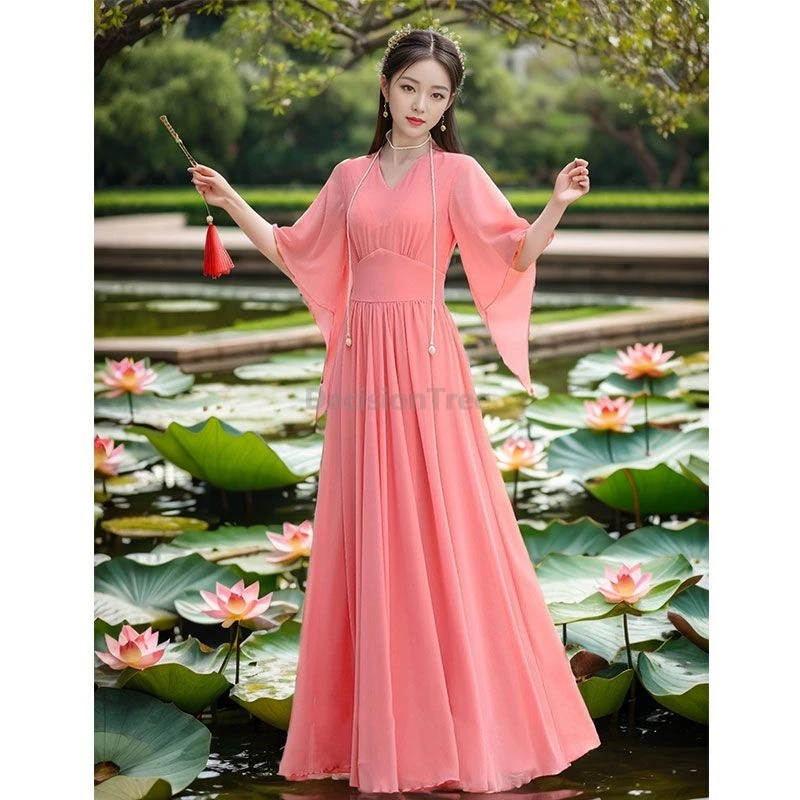 

2025 fairy chinese style classical temperament robe solid color zen improved hanfu dress elegant literature art chiffon dress