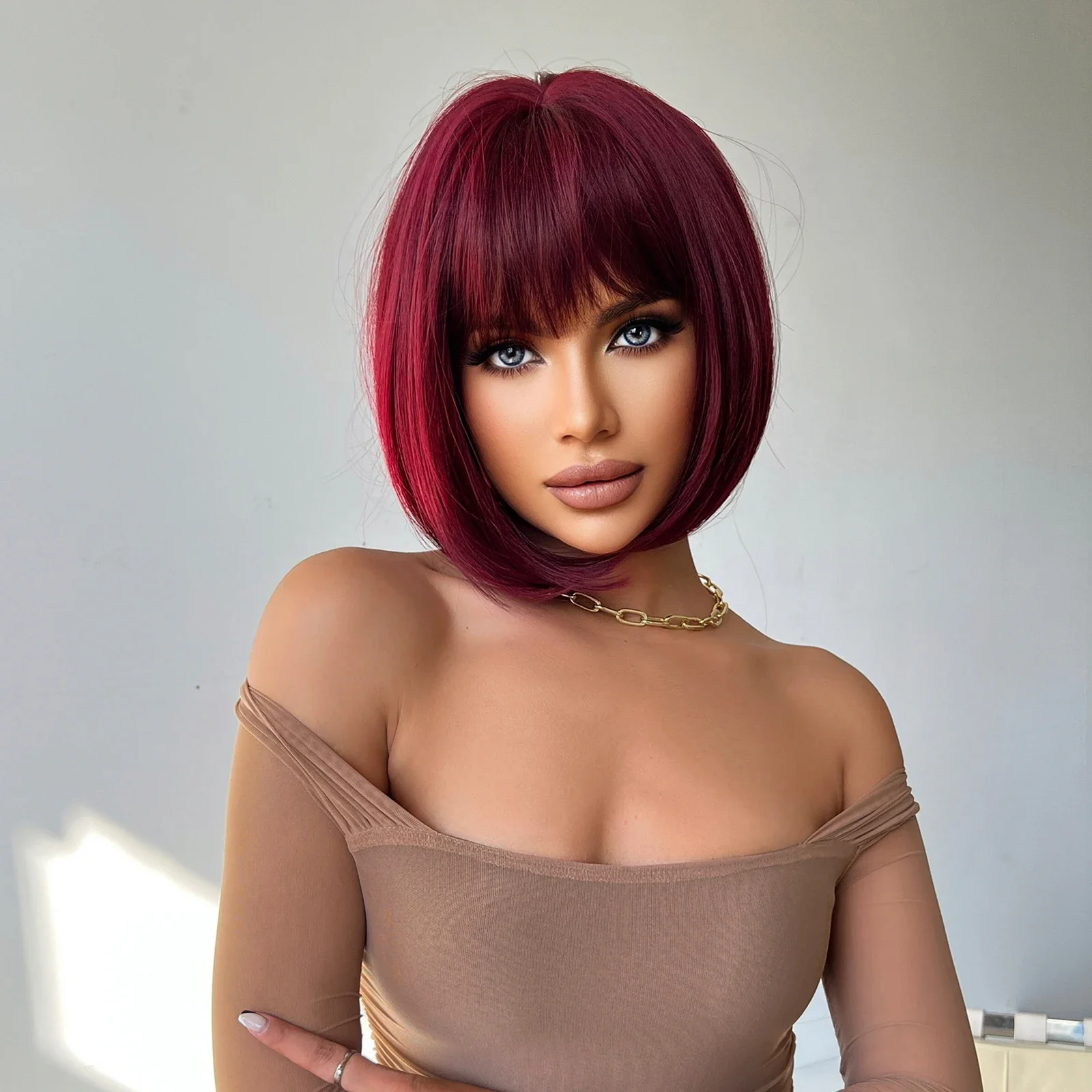 Red Short Bob Natural Hair Woman with Bangs Lolita Plush Daily High Quality Synthetic Wigs