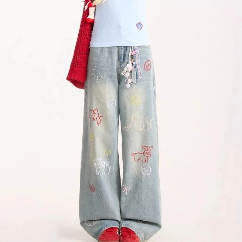 

Retro Y2K Denim Jeans for Women Straight Leg Wide Leg Trousers Cartoon Embroidery Comfortable Casual Wear